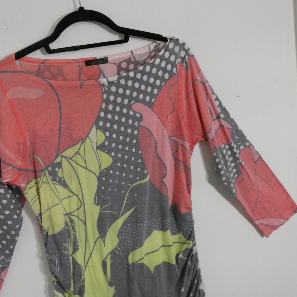 Emily Blu Womens Top L Pink Grey Floral Polka Dot Ruched Side Whimsigoth Boho - Picture 7 of 7